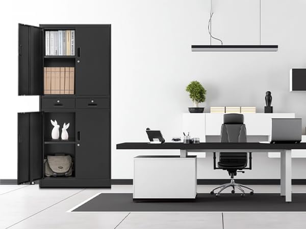 BESFUR 71“H Metal Storage Cabinet with 2 Lockable Drawers and 2 Lockable Doors, Garage Cabinet with 2 Adjustable Shelves, Locking Cabinet for Garage, Office, Classroom - Black