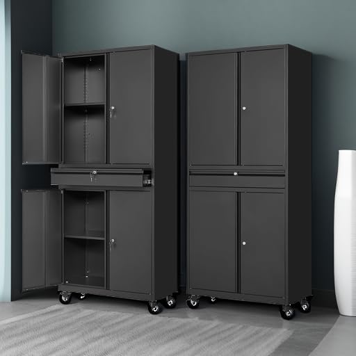 Letaya Metal Garage Storage Cabinet with Wheels,Rolling Tool Cabinet with 4 Door Lock-Adjustable Shelves and 1 Drawer for Garage Home Office Utility Room (Black with Wheels)