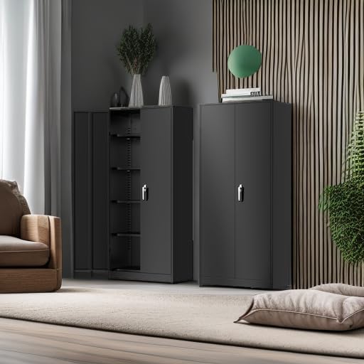 Greenvelly Metal Storage Cabinet, 72" Black Locking Metal Cabinet with 2 Doors and 4 Adjustable Shelves, Lockable Garage Storage Cabinets for Home Office, Garage, Kitchen, Living Room