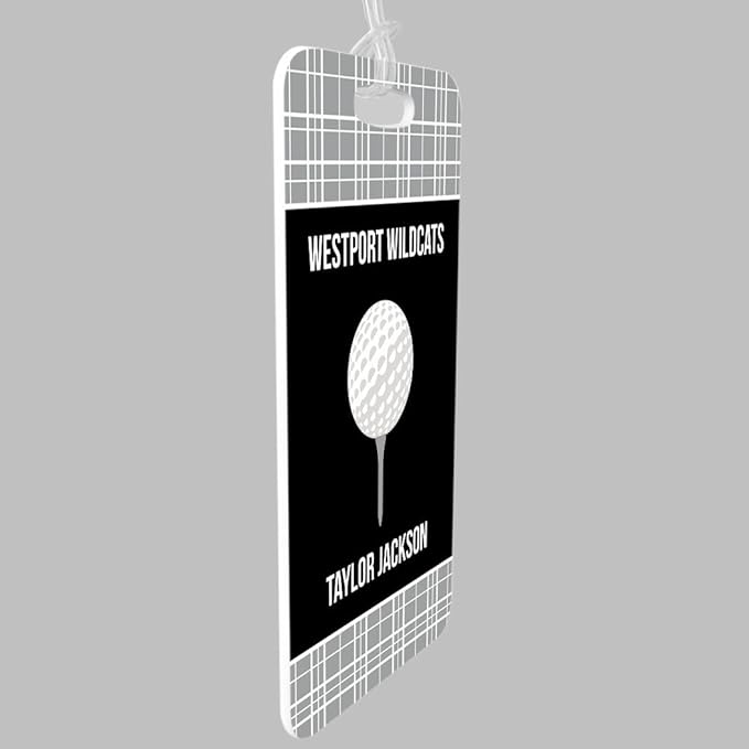 ChalkTalkSPORTS Golf Luggage & Bag Tag | Personalized Team with Golf Ball | Standard Lines on Back | Medium | Gray/Black