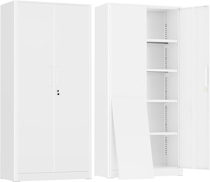 Greenvelly Metal Storage Cabinet with 2 Doors and 4 Adjustable Shelves,72" White Metal Cabinet,Steel Cabinet Locking Cabinets with 2 Keys for Office,Home, Garage, Gym, School