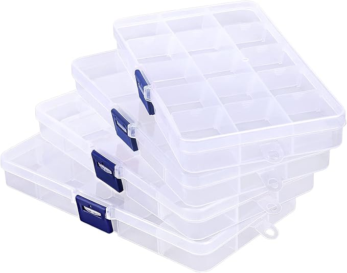 Rhinestone Organizer for Nails, 4PCS Cosics 15-Grid Clear Plastic Acrylic Nail Organizers & Storage Case with Movable Dividers, Empty Jewelry Nail Art Storage Containers Holder, Beading Box with Lids