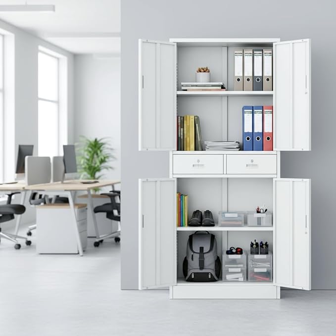 CJF Metal Storage Cabinet with Adjustable Shelves and Drawers, 71" H Locking Pantry Storage Cabinet for Office, Garage, Home, School, Utility (White)