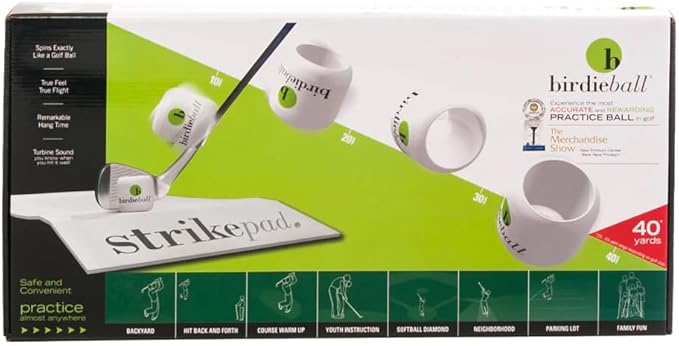 BirdieBall StrikePad Set – PGA Award-Winning Limited Flight Practice 12 Golf Balls & StrikePad | Real Golf Ball Feel, Reverse Spin, 40-Yard Flight for Backyard & Indoor Training