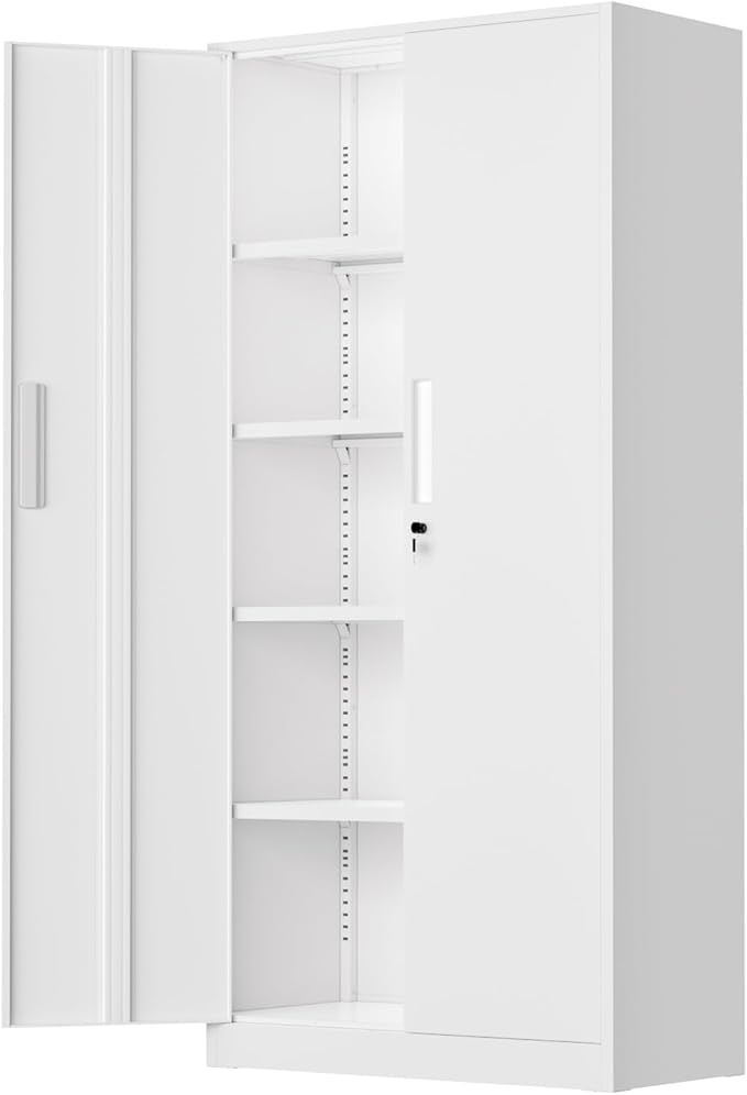 SUNCROWN 72" Metal Storage Cabinet - Heavy-Duty Metal Garage Cabinet with 4 Adjustable Shelves & 2 Doors for Tools, Office, Home, Workshop,White-Small