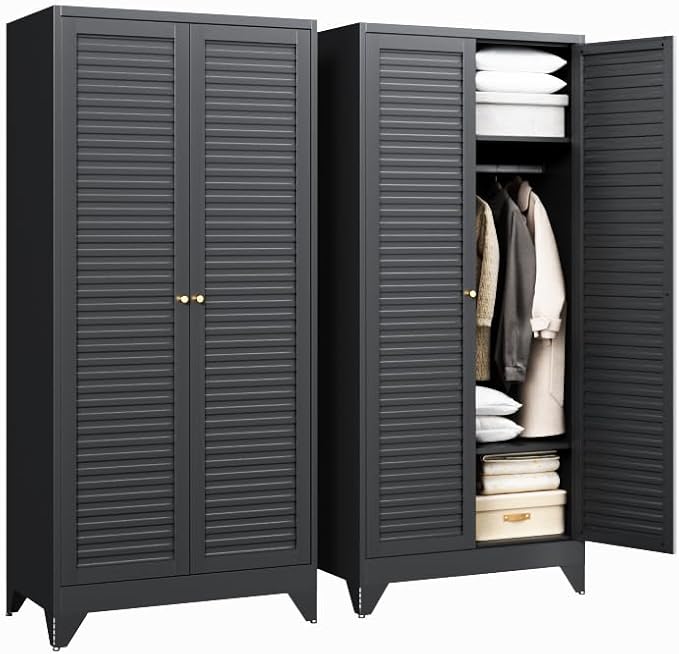 Letaya Metal Wardrobe Cabinets,71" Tall Armoire Wardrobe Closet with Fluted Doors and Shelves,Large Coat Closet Cabinet with Hanging Rod,Clothing Storage Cabinets for Home Room(Black)