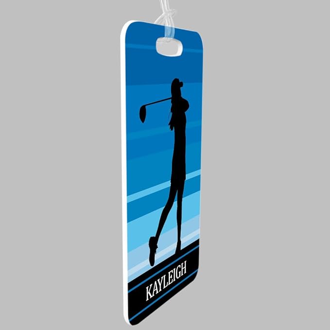 ChalkTalkSPORTS Golf Luggage & Bag Tag | Personalized Female Golfer | Standard Lines on Back | Medium | Blue