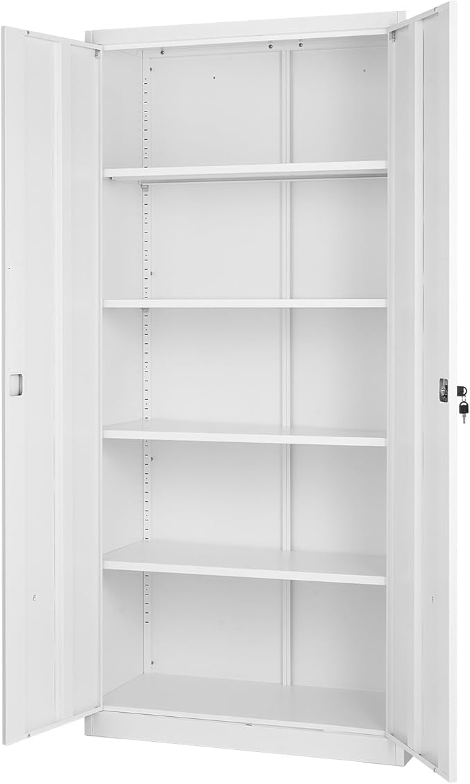VEVOR Metal Storage Cabinet, Lockable Steel Garage Cabinet with Adjustable Shelves, 2 Magnetic Doors, 2 Keys, 5-Tiers Tool Storage Locker for Home,Office,School,Pantry,Warehouse,Basement,Laundry,White