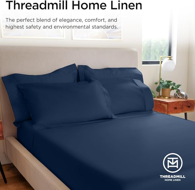 Threadmill Luxury 800 Thread Count Twin 100% Cotton Sheets - Folkstone Blue Sateen Weave Bed-Sheets, Better Than Egyptian Cotton,3 Pc Solid Soft Bedding Set, Fits 15" Deep Pocket