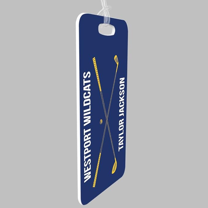 ChalkTalkSPORTS Golf Luggage & Bag Tag | Personalized Crossed Golf Clubs | Standard Lines on Back | Small | Navy/Gold