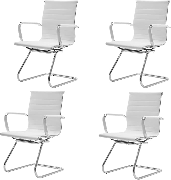 CIMOTA Waiting Room Chairs Leather Office Guest Chair Mid Back Reception Chairs with Sled Base for Meeting/Patient/Conference Room, White Set of 4