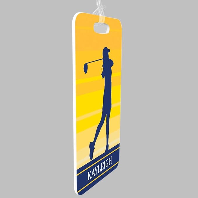 ChalkTalkSPORTS Golf Luggage & Bag Tag | Personalized Female Golfer | Standard Lines on Back | Medium | Yellow