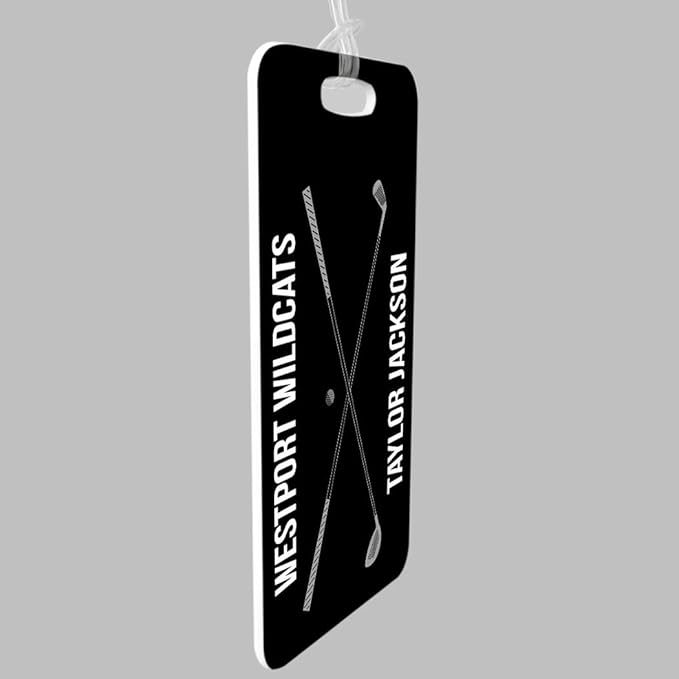 ChalkTalkSPORTS Golf Luggage & Bag Tag | Personalized Crossed Golf Clubs | Standard Lines on Back | Large | Black/Gray