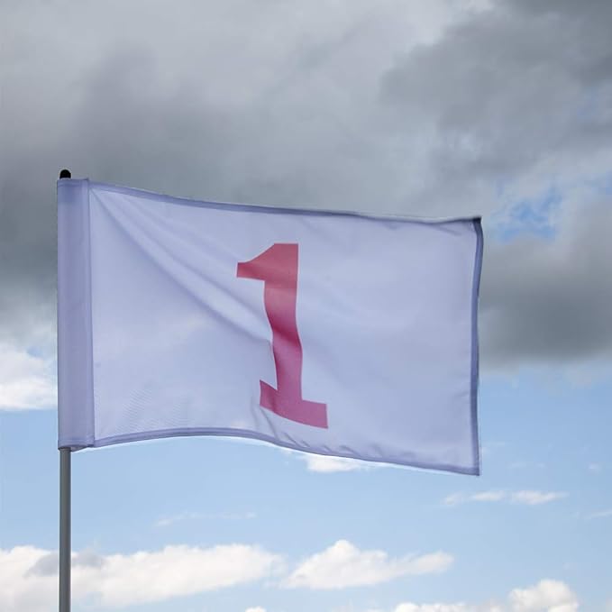 Vispronet Numbered Golf Flags for Putting Green (18) – 20in x 14in White & Red Flags Numbered 1-18, Golf Range Accessories for Courses, Outdoor Hole Flag, Durable Polyester Material