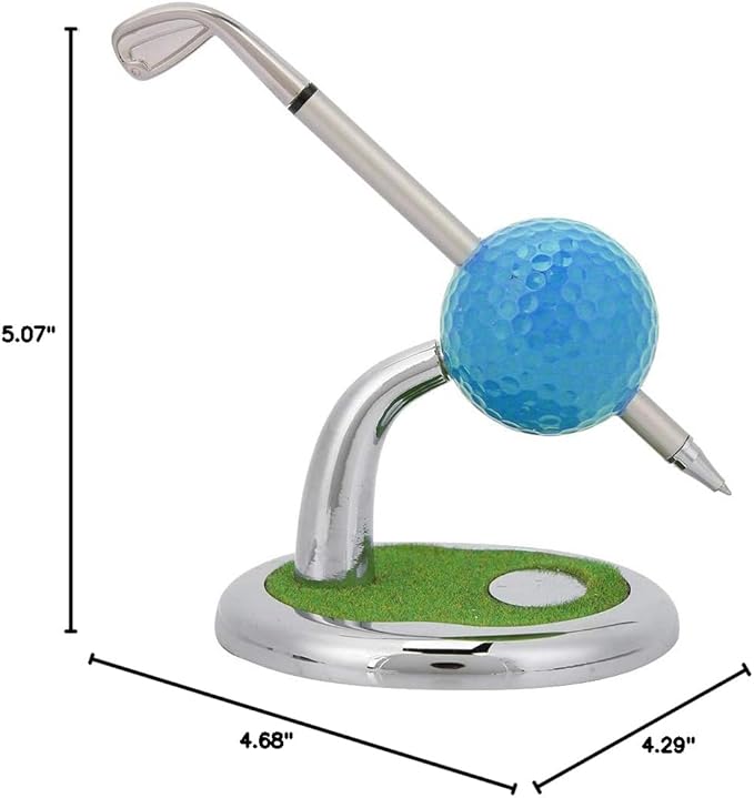 Golf Ball Pen Holder Stand with Pen and Clock, Golf Desktop Decor, Stainless Steel Golf Gift with Creative Green Base, Elegant Office Desk Accessory for Home and Workplace (Blue)