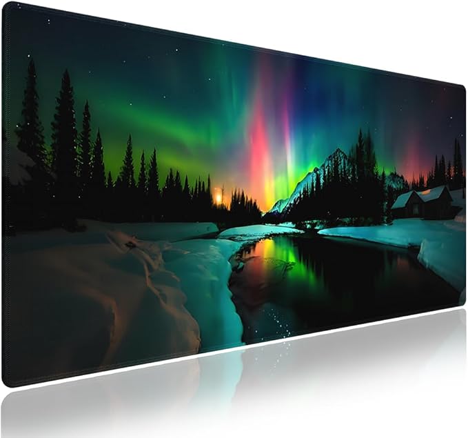 Wknoon. Extra Large Gaming & Office Mouse Pad (31.5" x 11.8") – Aurora Borealis Over Winter Landscape Snow Mountains & Calm Lake & Captivating Night Sky, XXL Desk Mat with Durable Stitched Edges