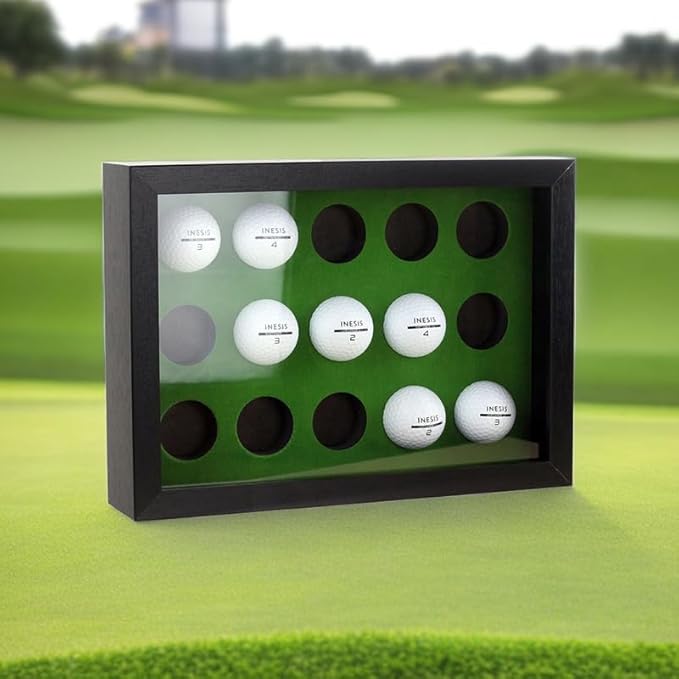 Golf Balls Display Case for 15 Balls, Wooden Case with Acrylic Dust UV Cover, Wall Mount and Freestanding Shadow Box for Glofball Collector Green