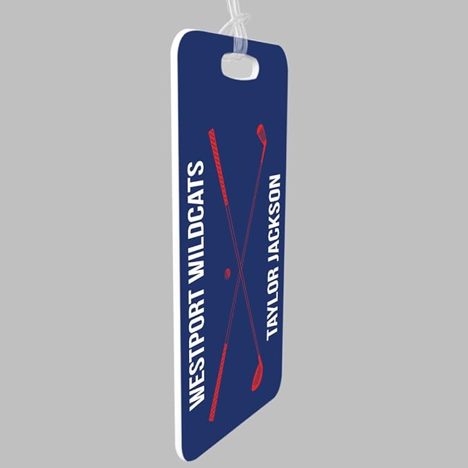 ChalkTalkSPORTS Golf Luggage & Bag Tag | Personalized Crossed Golf Clubs | Standard Lines on Back | Large | Navy/Red
