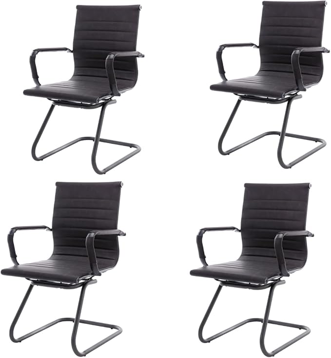 CIMOTA Waiting Room Chairs Leather Office Guest Chair Mid Back Reception Chairs with Sled Base for Meeting/Patient/Conference Room, Retro Black Set of 4