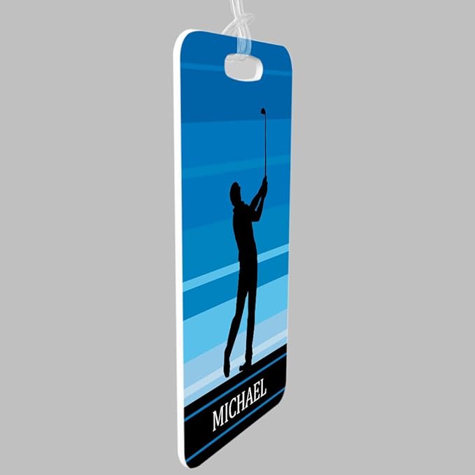 ChalkTalkSPORTS Golf Luggage & Bag Tag | Personalized Male Golfer | Standard Lines on Back | Small | Blue