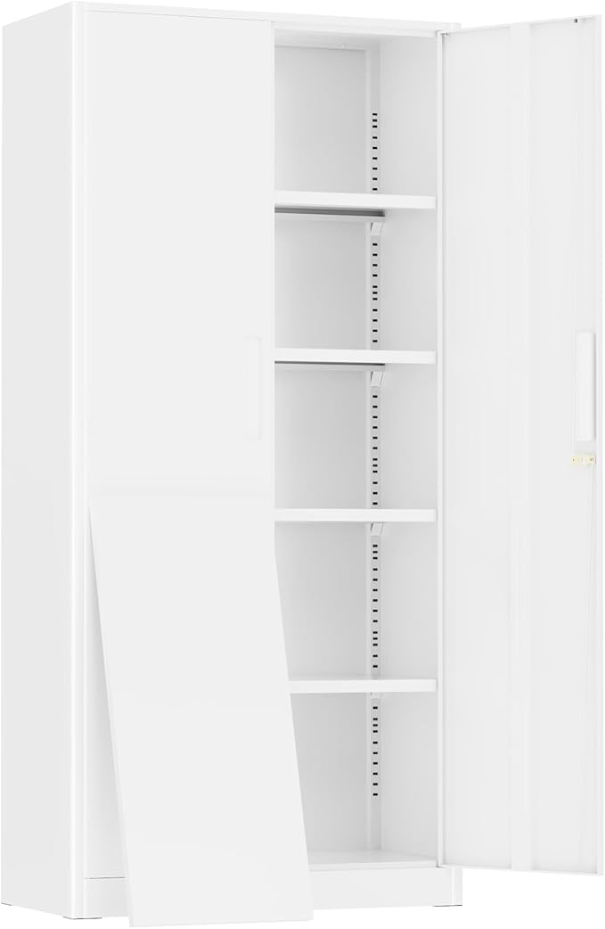 Greenvelly Metal Storage Cabinet with 2 Doors and 4 Adjustable Shelves,72" White Metal Cabinet,Steel Cabinet Locking Cabinets with 2 Keys for Office,Home, Garage, Gym, School