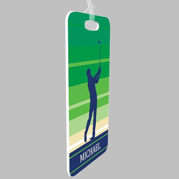 ChalkTalkSPORTS Golf Luggage & Bag Tag | Personalized Male Golfer | Standard Lines on Back | Small | Green