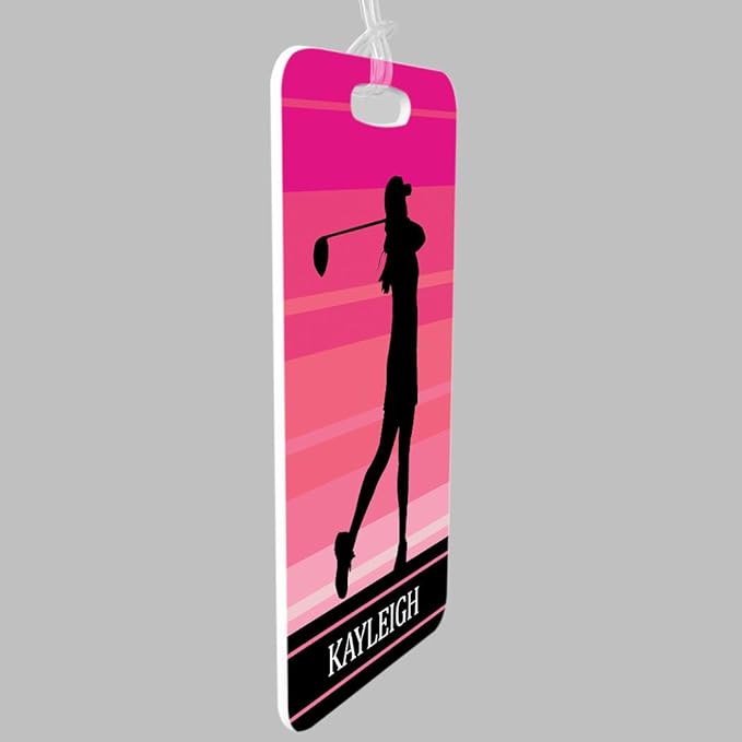 ChalkTalkSPORTS Golf Luggage & Bag Tag | Personalized Female Golfer | Standard Lines on Back | Medium | Pink