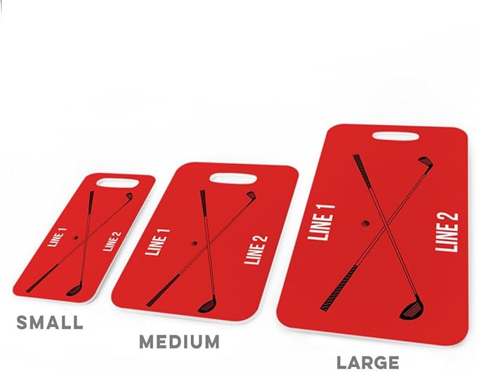 ChalkTalkSPORTS Golf Luggage & Bag Tag | Personalized Crossed Golf Clubs | Standard Lines on Back | Medium | Red/Black