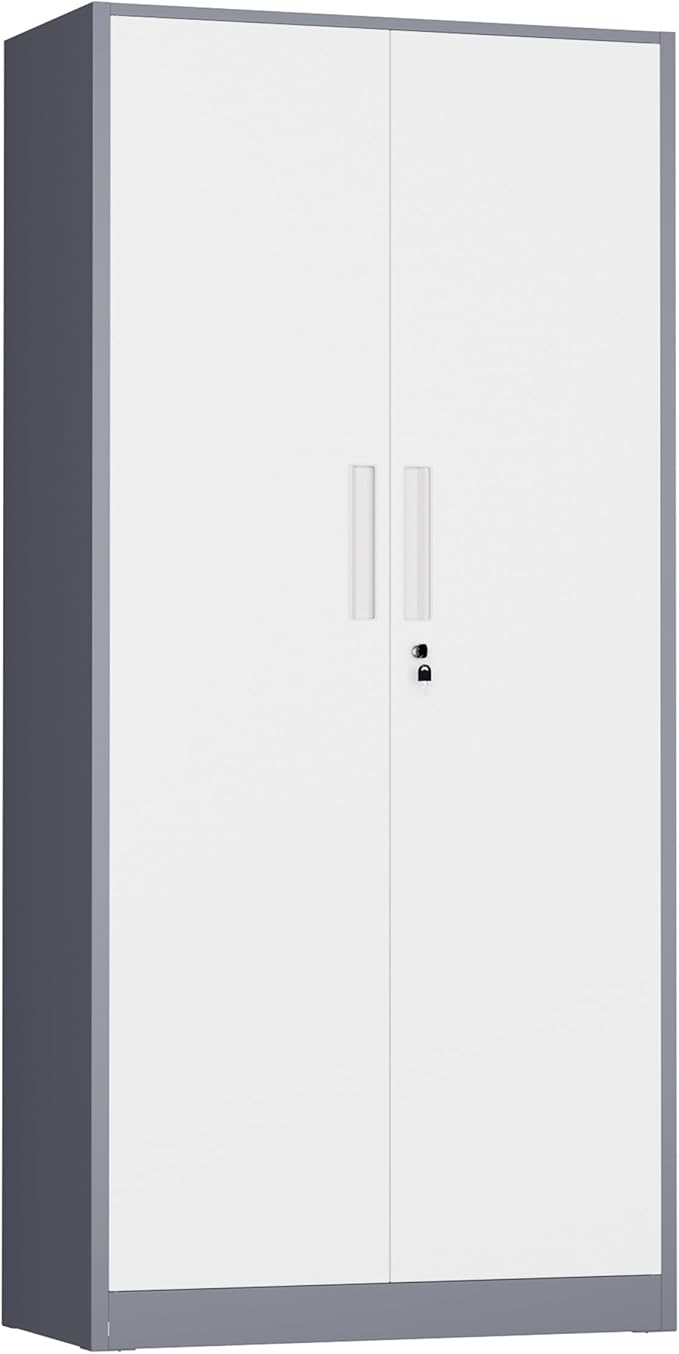 INTERGREAT Metal Storage Cabinet with Lock, 63" H Metal Cabinets Storage with 2 Doors and 4 Adjustable Shelves, Locking Garage Cabinet for Home Office, Kitchen, Bathroom (White Grey)