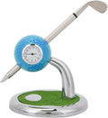 Golf Ball Pen Holder Stand with Pen and Clock, Golf Desktop Decor, Stainless Steel Golf Gift with Creative Green Base, Elegant Office Desk Accessory for Home and Workplace (Blue)