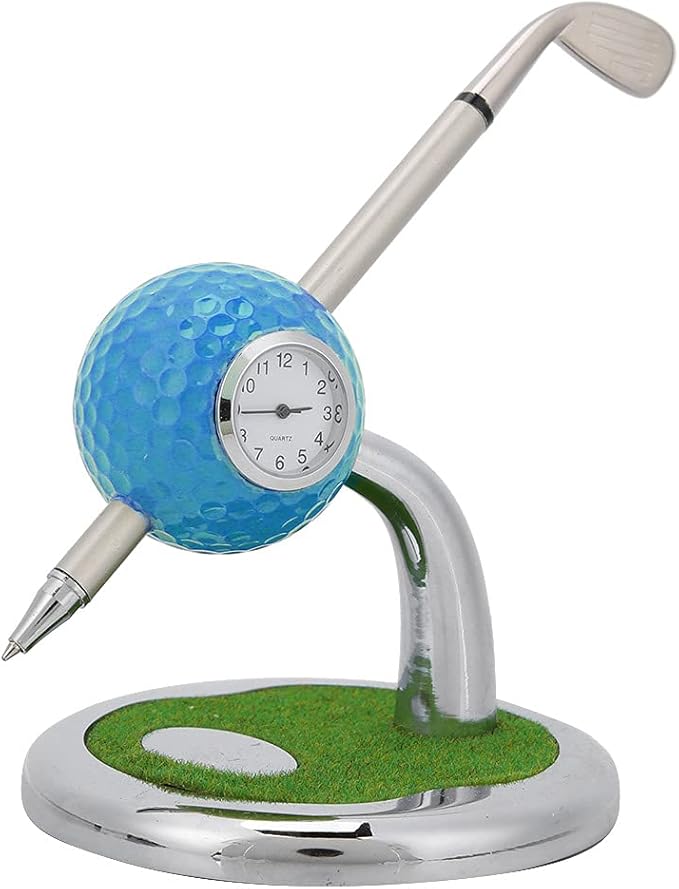 Golf Ball Pen Holder Stand with Pen and Clock, Golf Desktop Decor, Stainless Steel Golf Gift with Creative Green Base, Elegant Office Desk Accessory for Home and Workplace (Blue)