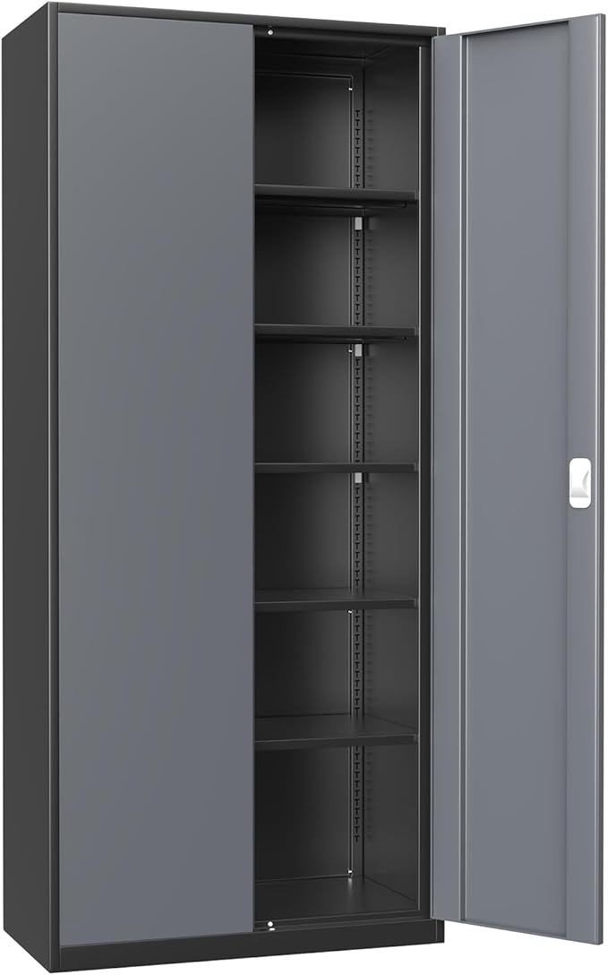Athena Collection 71" Tall Metal Storage Cabinet with 2 Doors and 6 Ajustable Shelves, Garage Storage Cabinet for Files, Tools, Home Offcie, School, Garage, Pantry, Grey Black
