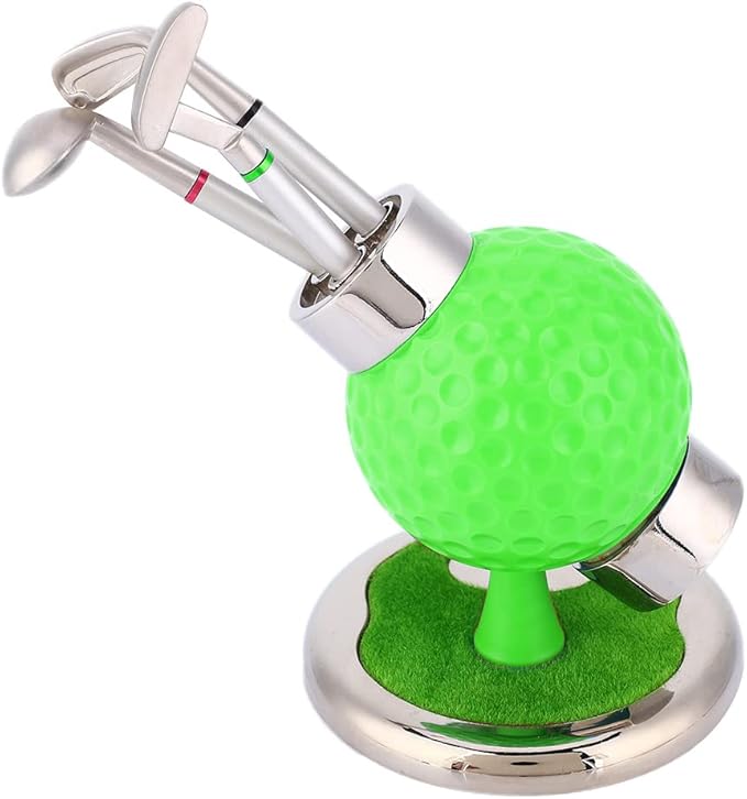 Golf Ball Shape Pen Holder, Desktop Pencil Vase with Clock, Zinc Alloy Pen Vase for Study Office Decor, Includes 3 Pens and Circular Base for Stability (Green)