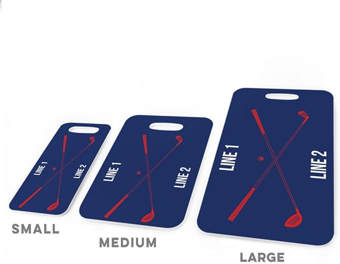 ChalkTalkSPORTS Golf Luggage & Bag Tag | Personalized Crossed Golf Clubs | Standard Lines on Back | Large | Navy/Red