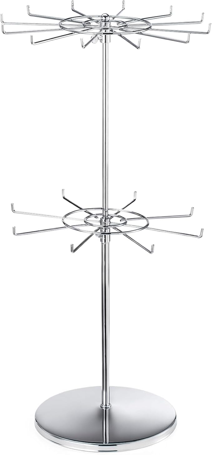 Dual Adjustable (Total Height & Tier Heighs) CounterTop Spinner Display Stand, Heavy Duty 2-Tiers, Silver