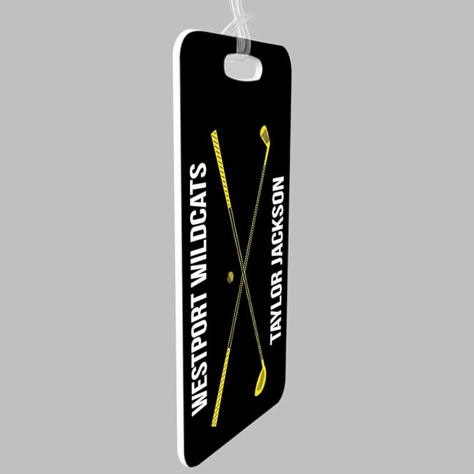 ChalkTalkSPORTS Golf Luggage & Bag Tag | Personalized Crossed Golf Clubs | Standard Lines on Back | Small | Black/Yellow