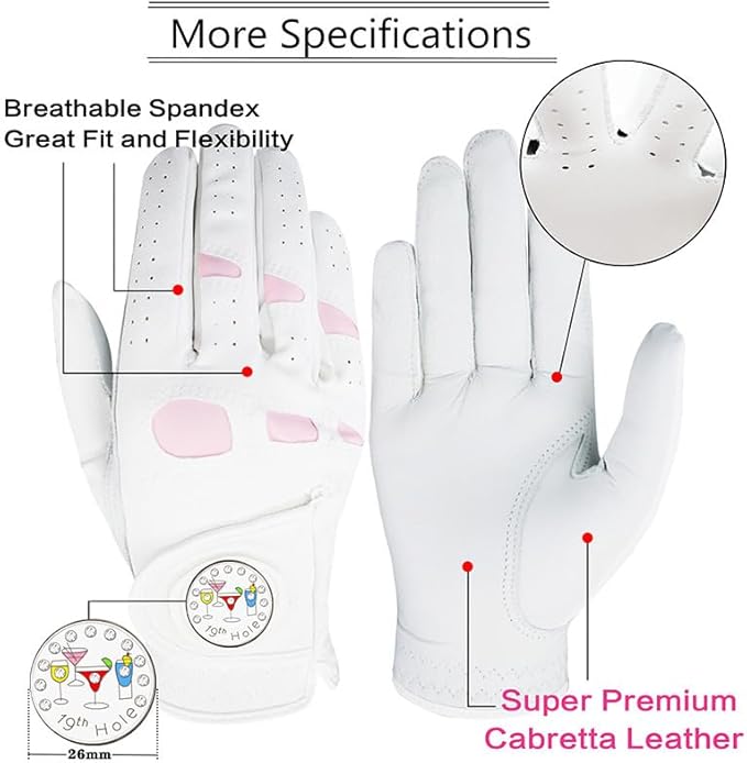 Golf Gloves Women Leather with Ball Marker 3 Pack, Left Hand Right Stylish Pink All Weather Grip Breathable Glove, Fit Sizes Small Medium Large for Womens Ladies
