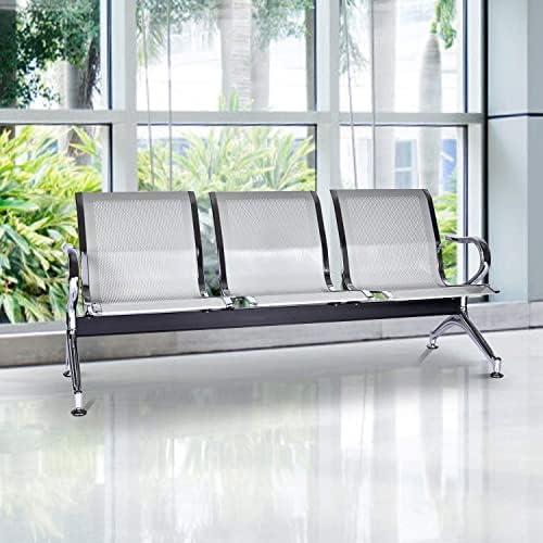 Kinfant Waiting Room Chair Bench - Guest Reception Chairs for Airport Hospital Bank Salon Barber Hall Room Conference (3-seat, Silver-Mesh)