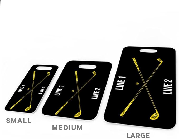 ChalkTalkSPORTS Golf Luggage & Bag Tag | Personalized Crossed Golf Clubs | Standard Lines on Back | Medium | Black/Yellow