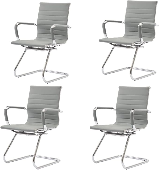 CIMOTA Waiting Room Chairs Leather Office Guest Chair Mid Back Reception Chairs with Sled Base for Meeting/Patient/Conference Room, Grey Set of 4