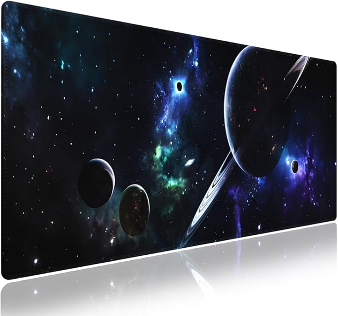 Wknoon. Extra Large Gaming & Office Mouse Pad (31.5" x 11.8") – Space Planets Navy Blue Galaxy, Premium Anti-Slip XXL Desk Mat with Durable Stitched Edges
