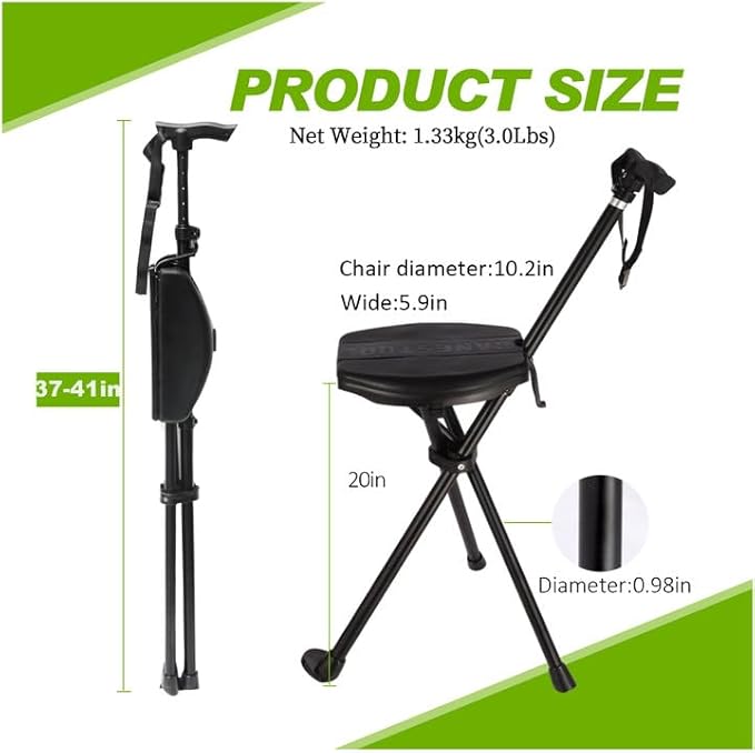 Portable Walking Stick with Cushion, Adjustable Height Cane with Seat, Portable Cane Stool, Lightweight Aluminum, Capacity 550 Lbs, for Camping, Hiking, Climb, Anti-Slip with Carry Bag