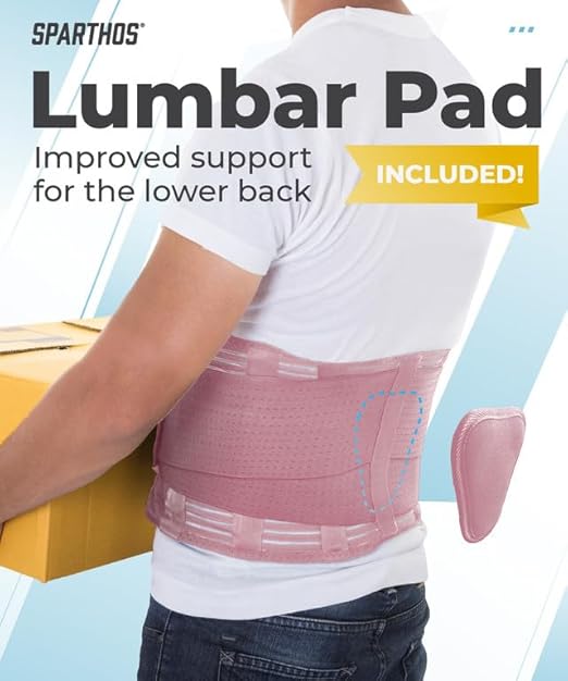 Sparthos Back Brace for Lower Back Pain - Immediate Relief from Sciatica, Herniated Disc, Scoliosis - Breathable + Lumbar Support Pad - For Men & Women - Fits 38–44″ Waist (Pink-M, Check Size Chart)