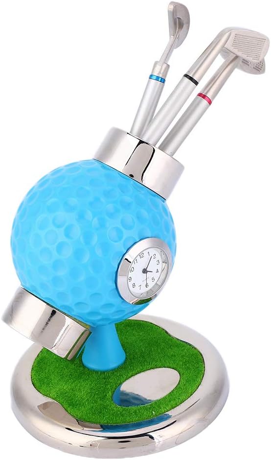 Golf Ball Shape Pen Holder, Desktop Pencil Vase with Clock, Zinc Alloy Pen Vase for Study Office Decor, Includes 3 Pens and Circular Base for Stability (Blue)