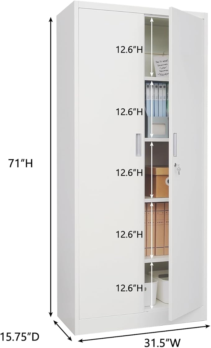 CJF Metal Storage Cabinets with 5 Adjustable Shelves, 71" H Locking Storage Cabinet for Garage, Office, School - White