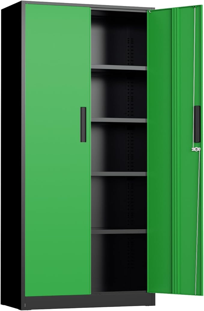 INTERGREAT Metal Storage Cabinet, 72" Locking Steel Cabinets with 2 Door and 4 Adjustable Shelves, Tall Metal Cabinet for Home Office, Garage, Warehouse,(Black+Green)