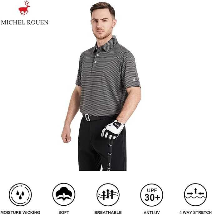 Mens Golf Shirt Moisture Wicking Dry Fit Performance Sport Short Sleeve Striped Golf Polo Shirts for Men