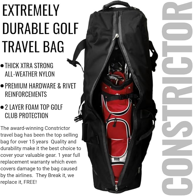 CaddyDaddy Constrictor Soft-Sided Golf Travel Bag Cover with Thick Dense Foam Padded Top 1 Year Full Travel Bag Replacement Coverage | Wheels & Lockable Zippers Case for Transporting Clubs on Airlines