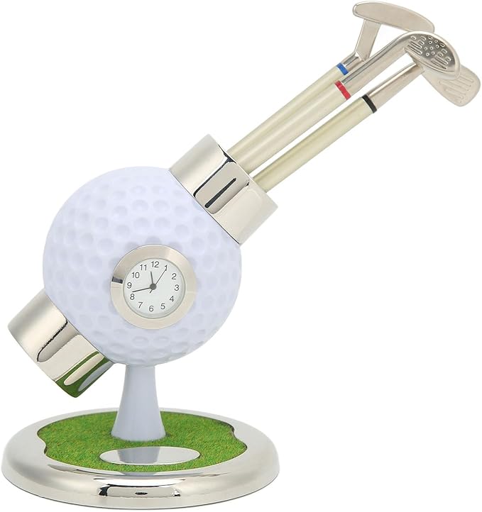 Golf Pen Holder Set, Elegant Simulation Zinc Alloy Clock Pen Container with 3 Pens for Office Desk Decor Father Gift Home Study Decoration