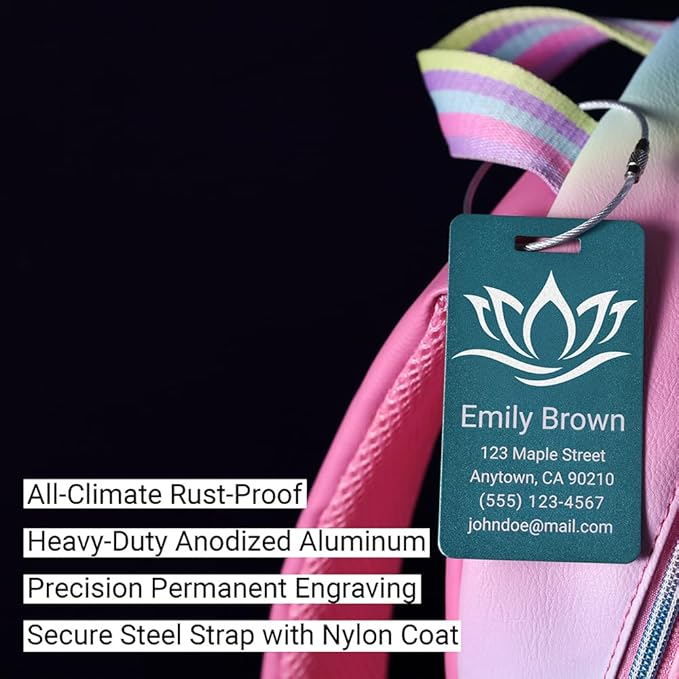 Personalized Luggage Tags for Suitcases 4 Pack – Custom Metal Name Tag for Travel, Golf Bag, and Baggage – Durable Aluminum Luggage Name Tags (Adventure Collection, Purple)